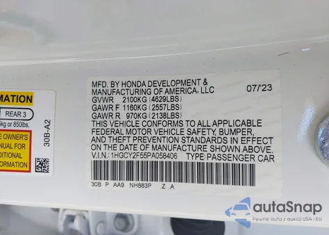 2023 Honda Accord Hybrid Sport from USA, damaged, VIN 1HGCY2F55PA058406